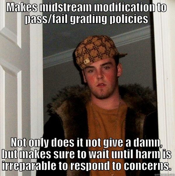 MAKES MIDSTREAM MODIFICATION TO PASS/FAIL GRADING POLICIES NOT ONLY DOES IT NOT GIVE A DAMN, BUT MAKES SURE TO WAIT UNTIL HARM IS IRREPARABLE TO RESPOND TO CONCERNS. Scumbag Steve