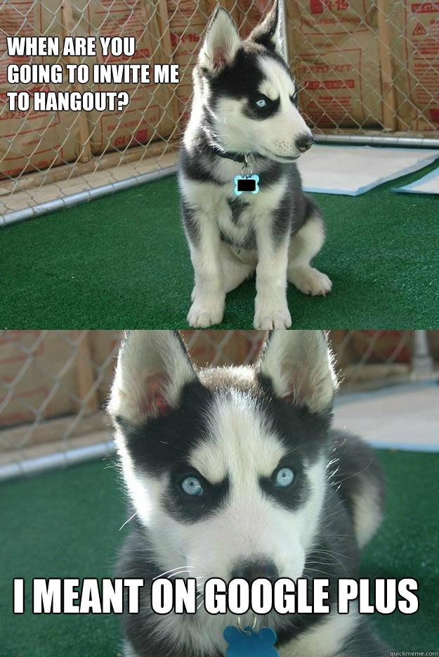 When are you going to invite me to hangout? I meant on Google Plus  Insanity puppy