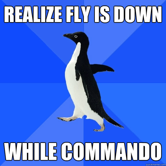 Realize fly is down while commando  Socially Awkward Penguin