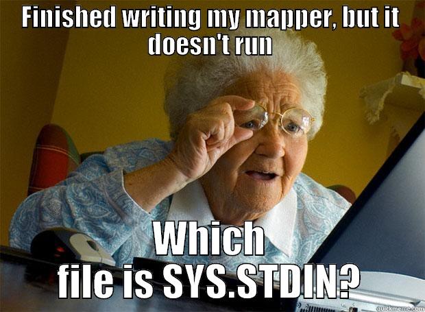 I got 99 problems, but mapreduce aint one. - FINISHED WRITING MY MAPPER, BUT IT DOESN'T RUN WHICH FILE IS SYS.STDIN? Grandma finds the Internet