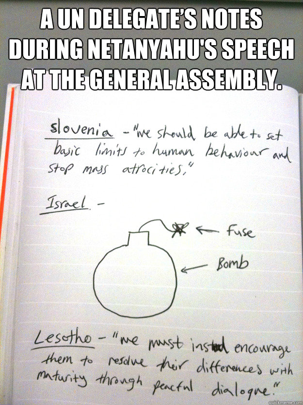 A UN delegate’s notes during Netanyahu's speech at the General Assembly. - A UN delegate’s notes during Netanyahu's speech at the General Assembly.  UN Delegates Notes