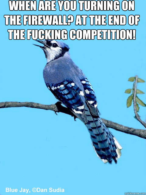 When are you turning on the firewall? At the end of the fucking competition!   Blue Team Bird