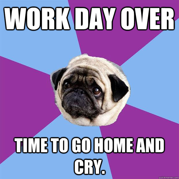 Work day over Time to go home and cry.  Lonely Pug