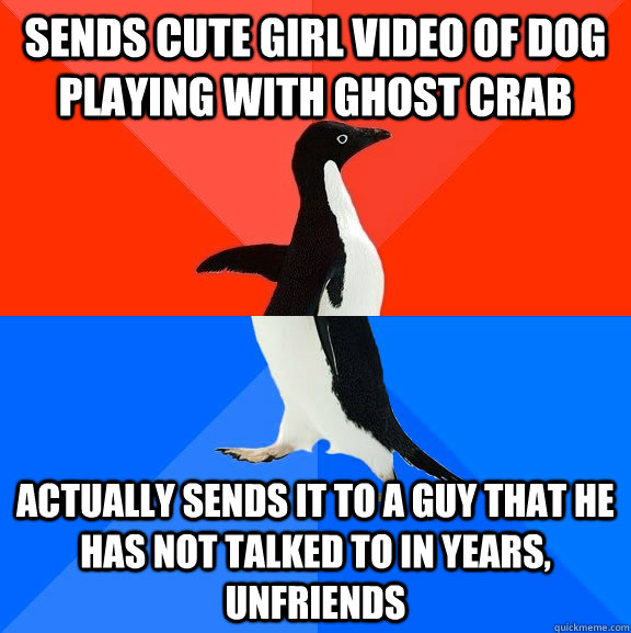 Sends cute girl video of dog playing with ghost crab Actually sends it to a guy that he has not talked to in years, unfriends  Socially Awesome Awkward Penguin