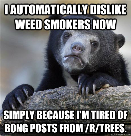 I automatically dislike weed smokers now simply because i'm tired of bong posts from /r/trees.  Confession Bear