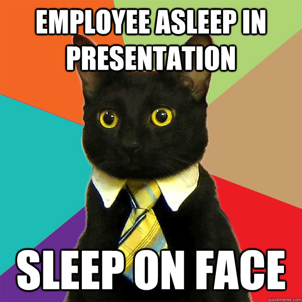 Employee asleep in presentation Sleep on face  Business Cat
