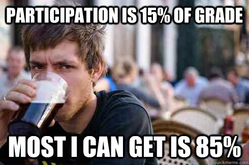 Participation is 15% of grade Most I can get is 85%  Lazy College Senior