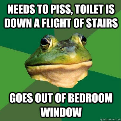 needs to piss, toilet is down a flight of stairs goes out of bedroom window  Foul Bachelor Frog