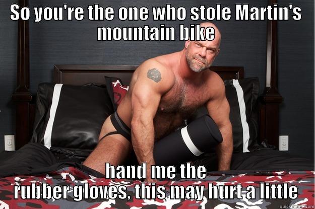SO YOU'RE THE ONE WHO STOLE MARTIN'S MOUNTAIN BIKE HAND ME THE RUBBER GLOVES, THIS MAY HURT A LITTLE Gorilla Man