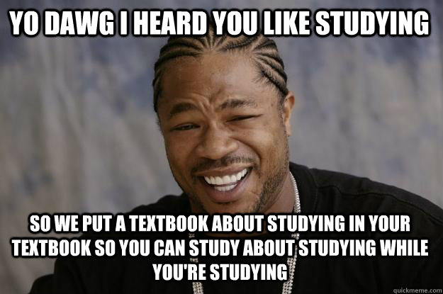 Yo dawg I heard you like studying So we put a textbook about studying in your textbook so you can study about studying while you're studying  Xzibit meme