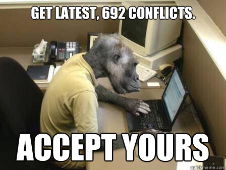 Get latest, 692 conflicts. Accept yours  Code Monkey