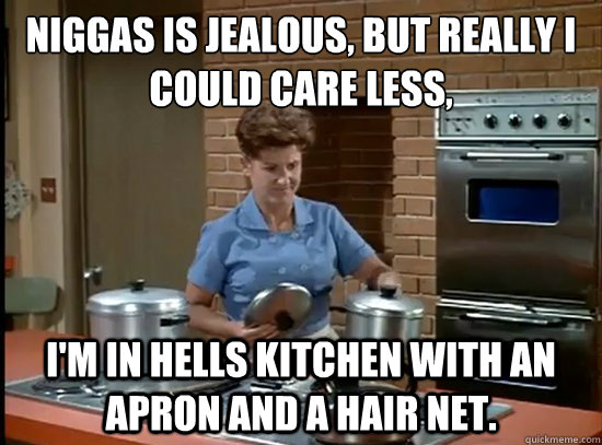 Niggas is jealous, but really I could care less,
 I'm in hells kitchen with an apron and a hair net. - Niggas is jealous, but really I could care less,
 I'm in hells kitchen with an apron and a hair net.  weezy bunch