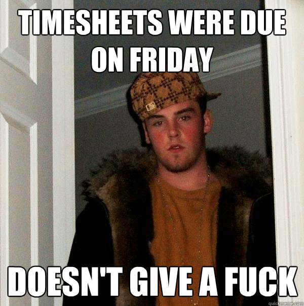 TIMESHEETS Were due on friday Doesn't give a fuck  Scumbag Steve