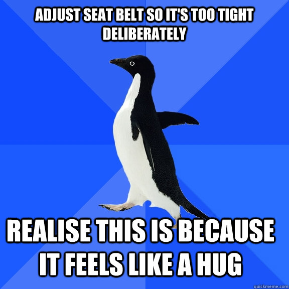 Adjust seat belt so it's too tight deliberately Realise this is because it feels like a hug    Socially Awkward Penguin