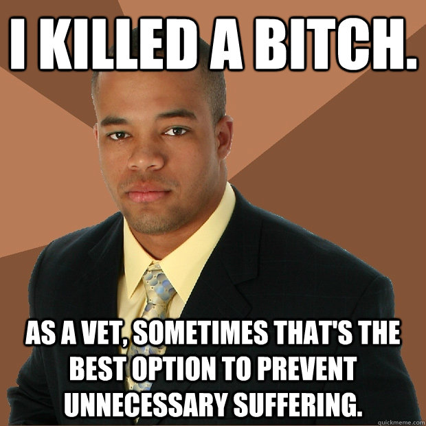 I killed a bitch. As a vet, sometimes that's the best option to prevent unnecessary suffering.  Successful Black Man