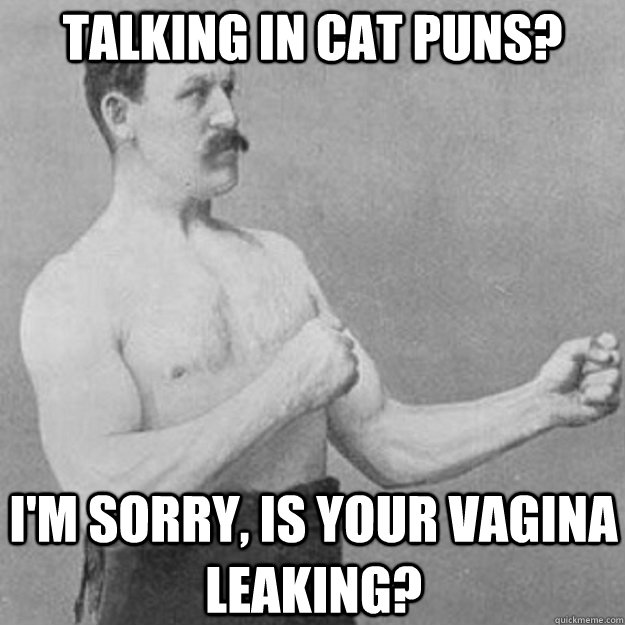 Talking in cat puns? I'm sorry, is your vagina leaking?  overly manly man