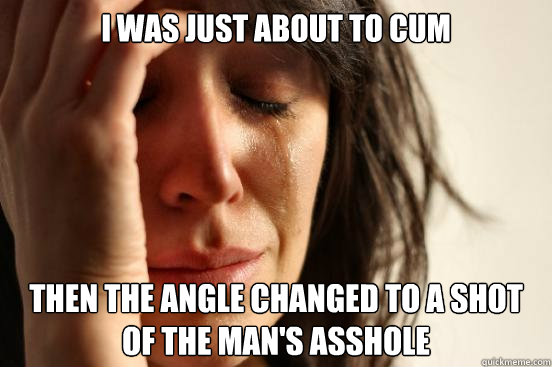 I was just about to cum Then the angle changed to a shot of the man's asshole  First World Problems