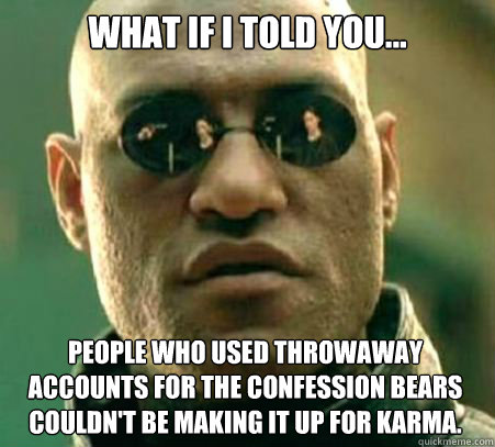 WHAT IF I TOLD YOU... People who used throwaway accounts for the confession bears couldn't be making it up for karma.  