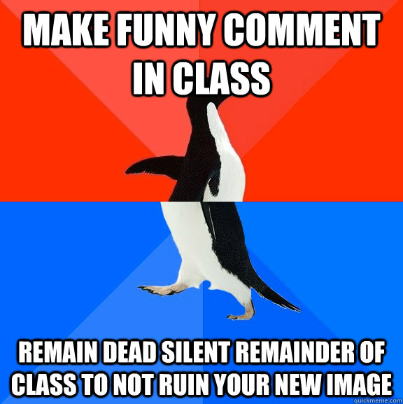 make funny comment in class remain dead silent remainder of class to not ruin your new image  Socially Awesome Awkward Penguin
