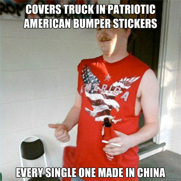 covers truck in patriotic american bumper stickers every single one made in china  