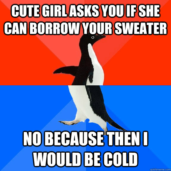 cute girl asks you if she can borrow your sweater no because then i would be cold - cute girl asks you if she can borrow your sweater no because then i would be cold  Socially Awesome Awkward Penguin