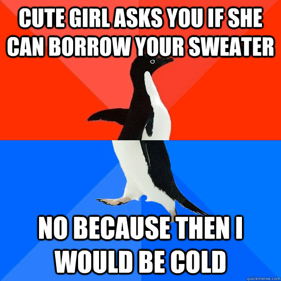 cute girl asks you if she can borrow your sweater no because then i would be cold  Socially Awesome Awkward Penguin