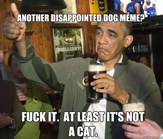 Another disappointed dog meme? Fuck it.  at least it's not a cat.  Upvoting Obama