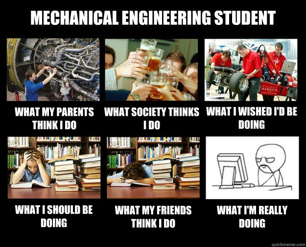 Mechanical Engineering Student What my parents think i do what society thinks i do what i wished i'd be doing what i should be doing what my friends think i do What i'm really doing  Engineering Student