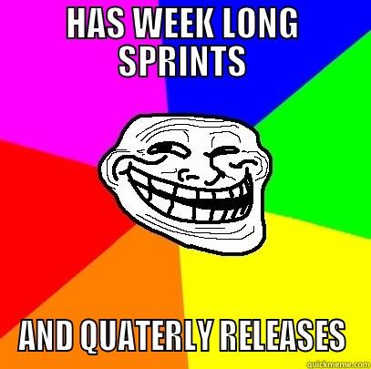 HAS WEEK LONG SPRINTS AND QUATERLY RELEASES Troll Face