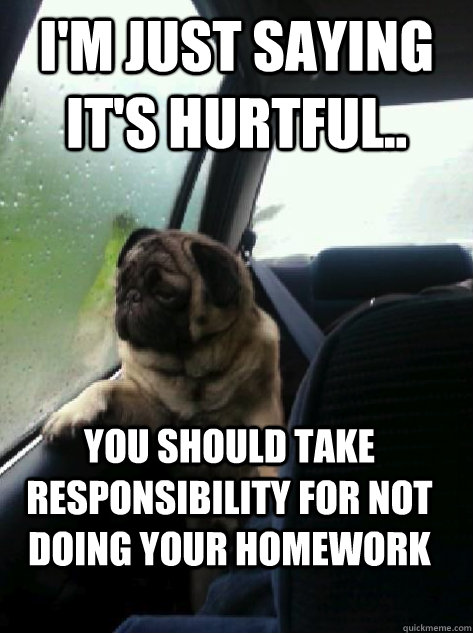 I'm just saying it's hurtful.. you should take responsibility for not doing your homework  Introspective Pug