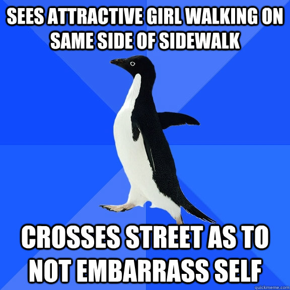 Sees attractive girl walking on same side of sidewalk Crosses street as to not embarrass self  Socially Awkward Penguin