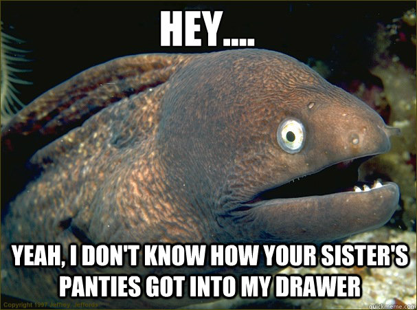 Hey.... YEAH, I don't know how your sister's panties got into my drawer - Hey.... YEAH, I don't know how your sister's panties got into my drawer  Caught in the act Moray