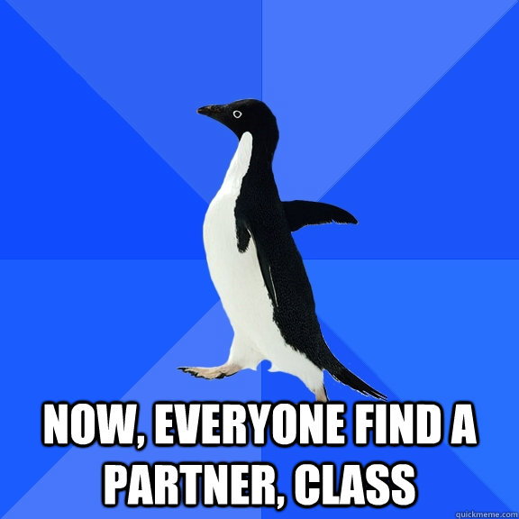  Now, everyone find a partner, class  Socially Awkward Penguin