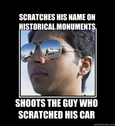 Scratches his name on historical monuments Shoots the guy who scratched his car  Rich Delhi Boy