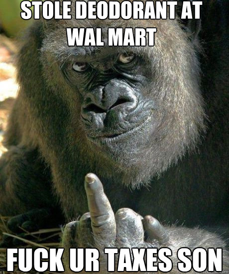 stole deodorant at wal mart fuck ur taxes son - stole deodorant at wal mart fuck ur taxes son  Flipping Gorilla