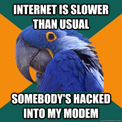 Internet is slower than usual Somebody's hacked into my modem - Internet is slower than usual Somebody's hacked into my modem  Paranoid Parrot