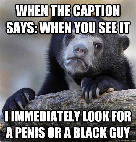 When the caption says: When you see it I immediately look for a penis or a black guy  Confession Bear