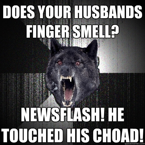 Does your husbands finger smell? Newsflash! he touched his choad!  Insanity Wolf