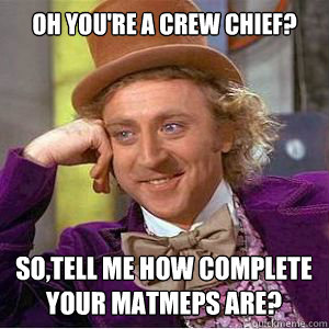 oh you're a crew chief? so,tell me how complete your matmeps are?  willy wonka