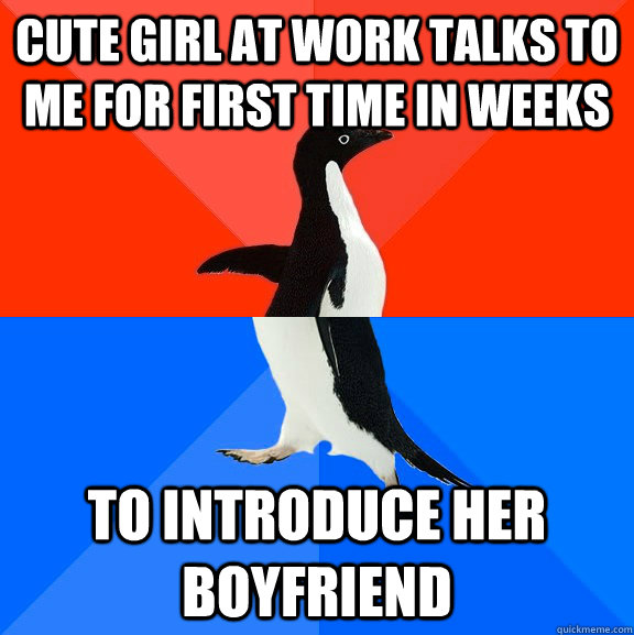 Cute girl at work talks to me for first time in weeks To introduce her boyfriend  Socially Awesome Awkward Penguin