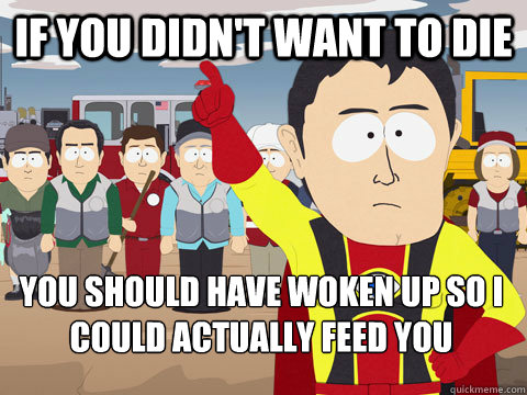 if you didn't want to die you should have woken up so I could actually feed you  Captain Hindsight