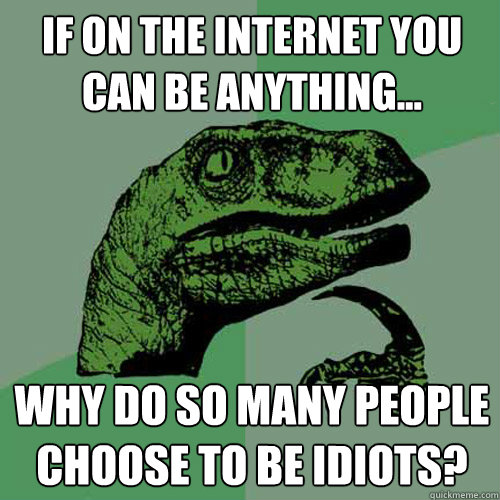 If on the Internet you can be anything... Why do so many people choose to be idiots? - If on the Internet you can be anything... Why do so many people choose to be idiots?  Philosoraptor