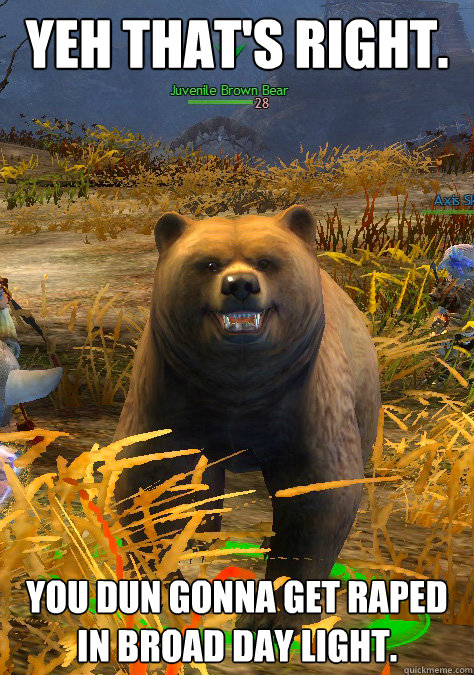 YEH THAT'S RIGHT. YOU DUN GONNA GET RAPED IN BROAD DAY LIGHT.  Offensive Rhyming Guild Wars 2 Bear