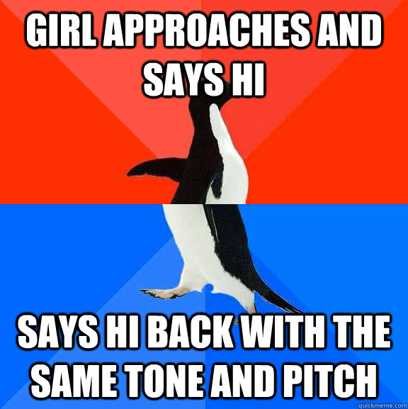 Girl approaches and says hi Says hi back with the same tone and pitch  Socially Awesome Awkward Penguin