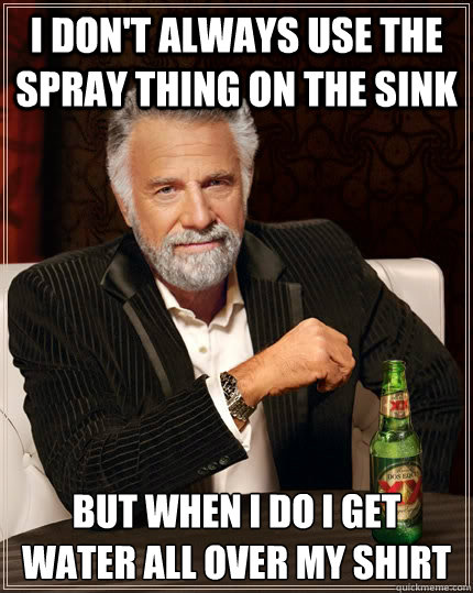 I don't always use the spray thing on the sink but when I do i get water all over my shirt  The Most Interesting Man In The World
