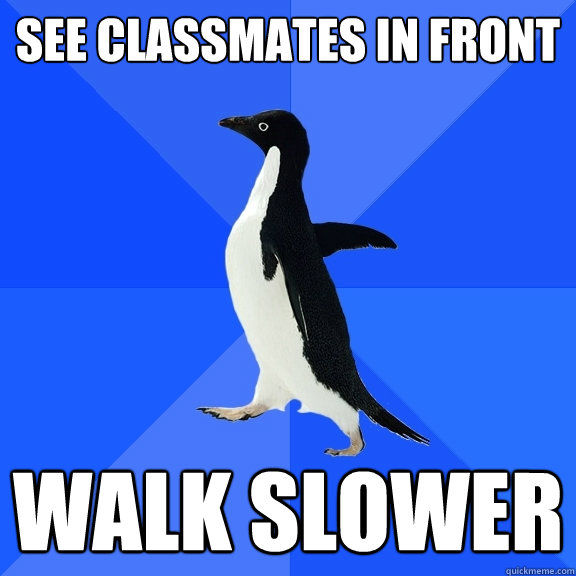 See classmates in front  walk slower   Socially Awkward Penguin