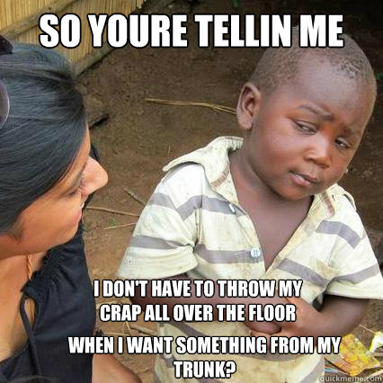 so youre tellin me  when i want something from my trunk? i don't have to throw my crap all over the floor - so youre tellin me  when i want something from my trunk? i don't have to throw my crap all over the floor  So youre telling me