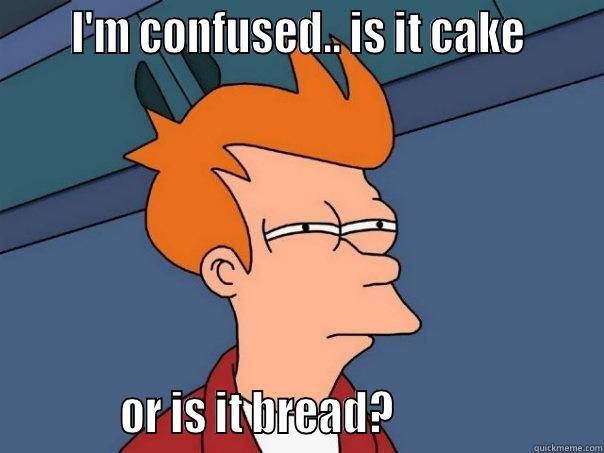      I'M CONFUSED.. IS IT CAKE                 OR IS IT BREAD?                      Futurama Fry