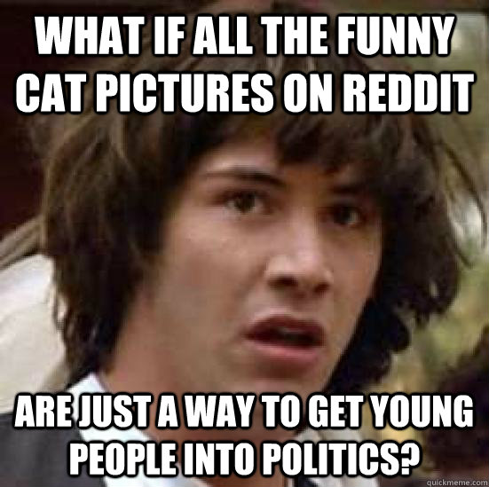What if all the funny cat pictures on reddit Are just a way to get young people into politics?  conspiracy keanu