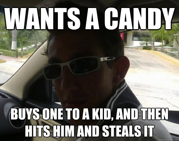 Wants a Candy buys one to a kid, and then hits him and steals it  